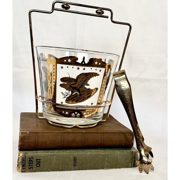 Vintage Glass Ice Bucket Gold Eagle pattern Gold holder and tongs - Picture 3 of 10